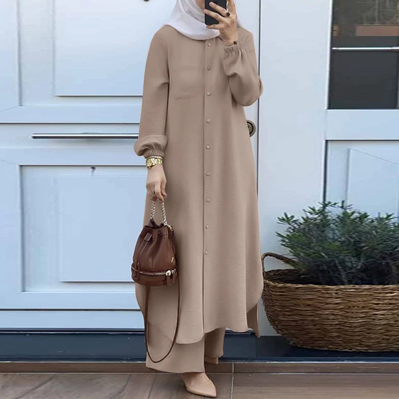 ZANZEA Fashion 2pcs Women Muslim Sets Autumn Long Sleeve Shirt Pants Suits Casual Dubai Turkey Abaya Sets Eid Mubarek Outifits