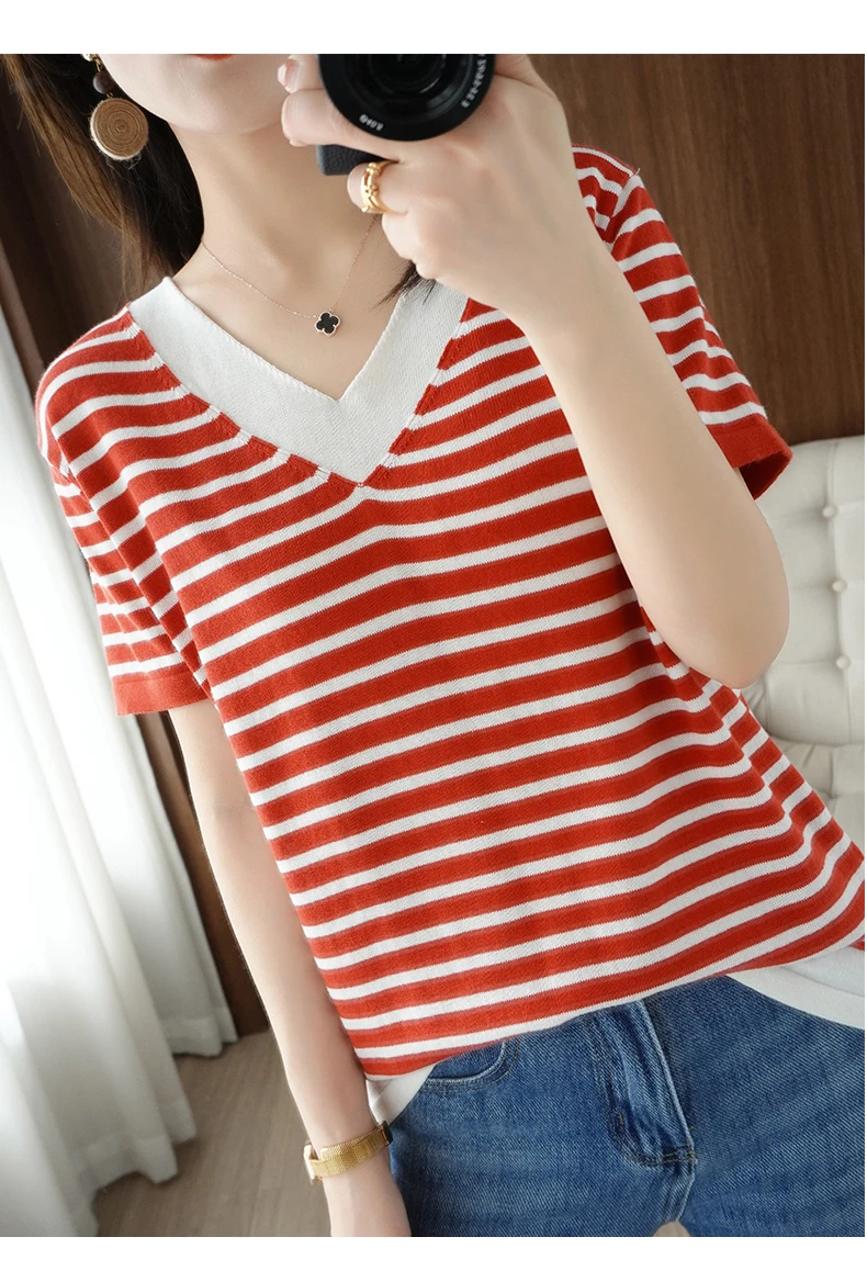 new summer cotton striped short sleeve T shirt women loose versatile T-shirt Korean version half sleeve V collar bottom shirt