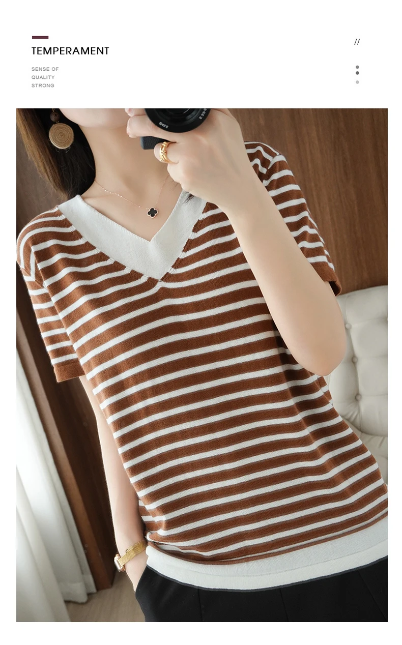 new summer cotton striped short sleeve T shirt women loose versatile T-shirt Korean version half sleeve V collar bottom shirt