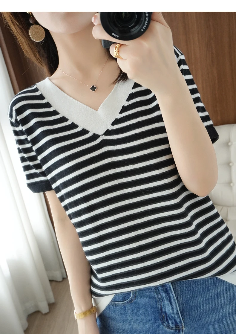 new summer cotton striped short sleeve T shirt women loose versatile T-shirt Korean version half sleeve V collar bottom shirt