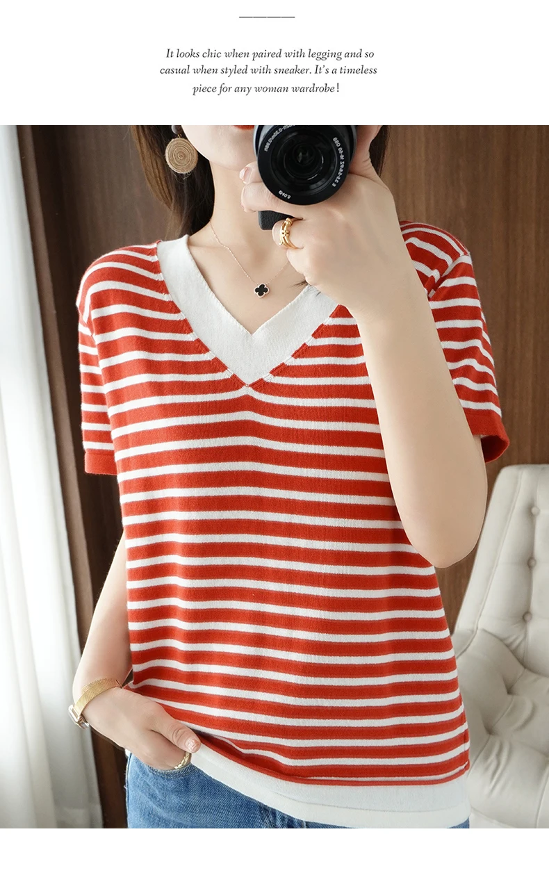 new summer cotton striped short sleeve T shirt women loose versatile T-shirt Korean version half sleeve V collar bottom shirt
