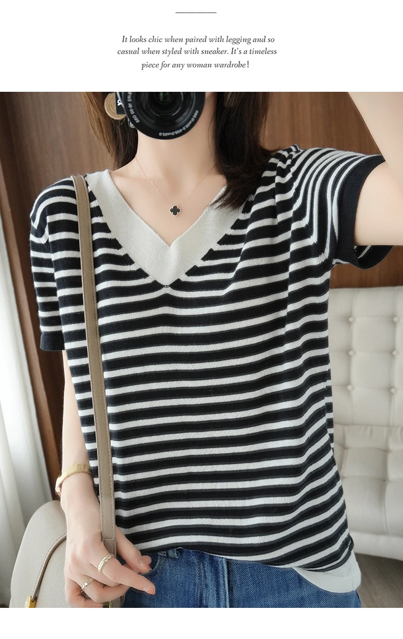 new summer cotton striped short sleeve T shirt women loose versatile T-shirt Korean version half sleeve V collar bottom shirt