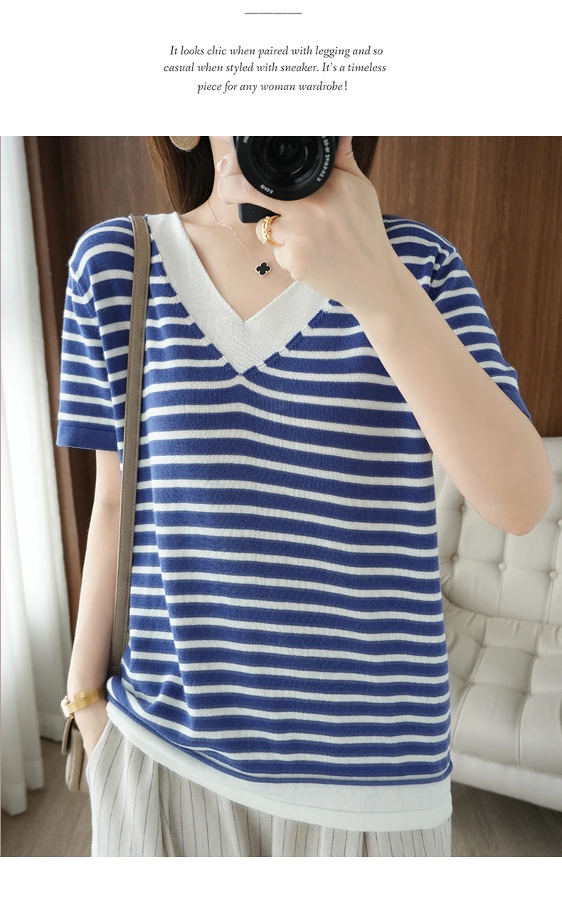 new summer cotton striped short sleeve T shirt women loose versatile T-shirt Korean version half sleeve V collar bottom shirt