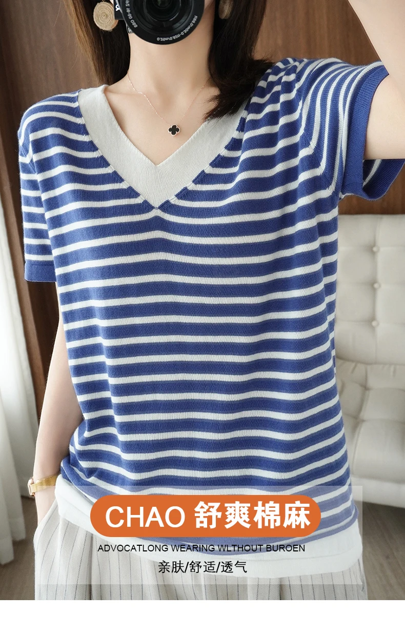 new summer cotton striped short sleeve T shirt women loose versatile T-shirt Korean version half sleeve V collar bottom shirt