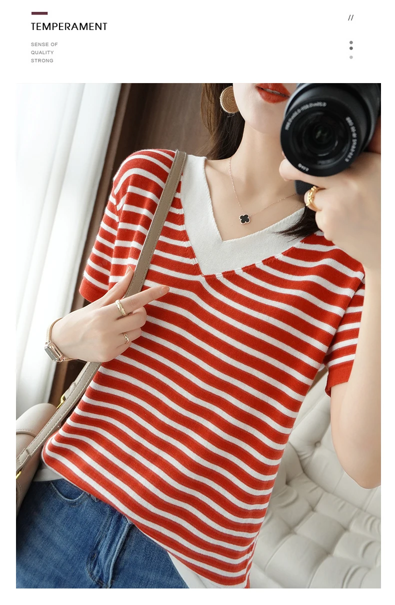 new summer cotton striped short sleeve T shirt women loose versatile T-shirt Korean version half sleeve V collar bottom shirt