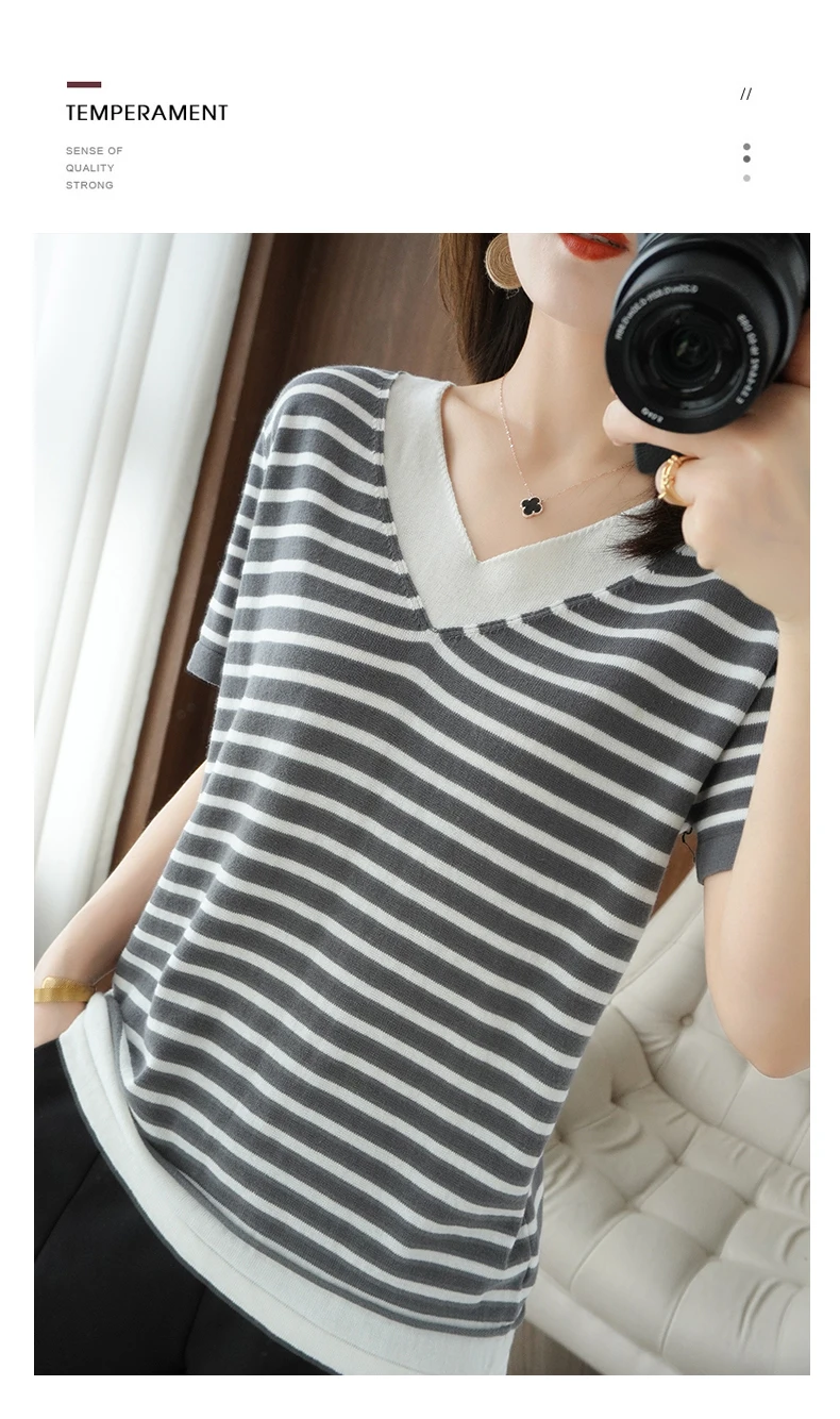 new summer cotton striped short sleeve T shirt women loose versatile T-shirt Korean version half sleeve V collar bottom shirt