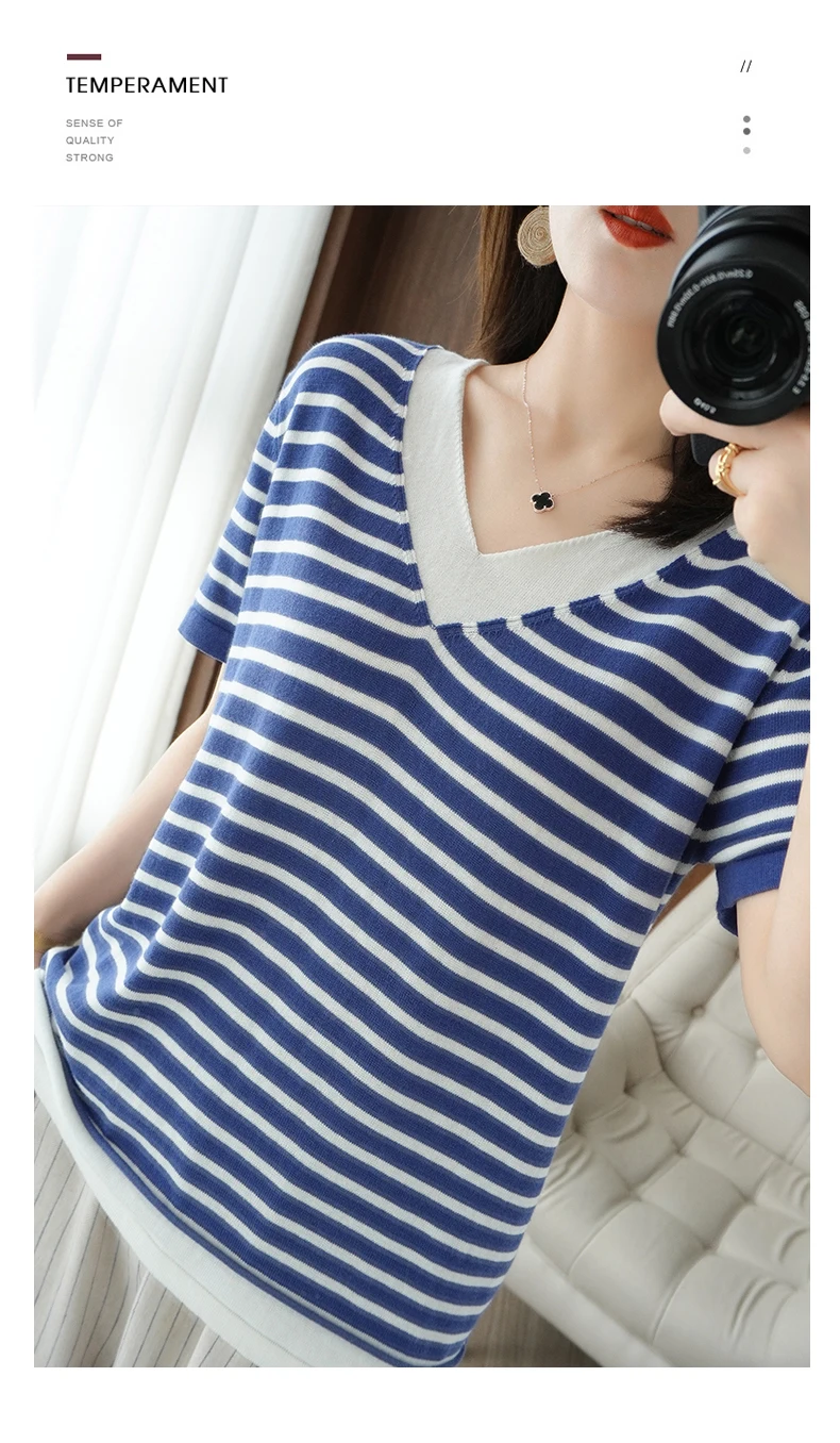 new summer cotton striped short sleeve T shirt women loose versatile T-shirt Korean version half sleeve V collar bottom shirt