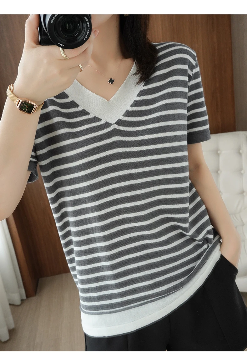 new summer cotton striped short sleeve T shirt women loose versatile T-shirt Korean version half sleeve V collar bottom shirt
