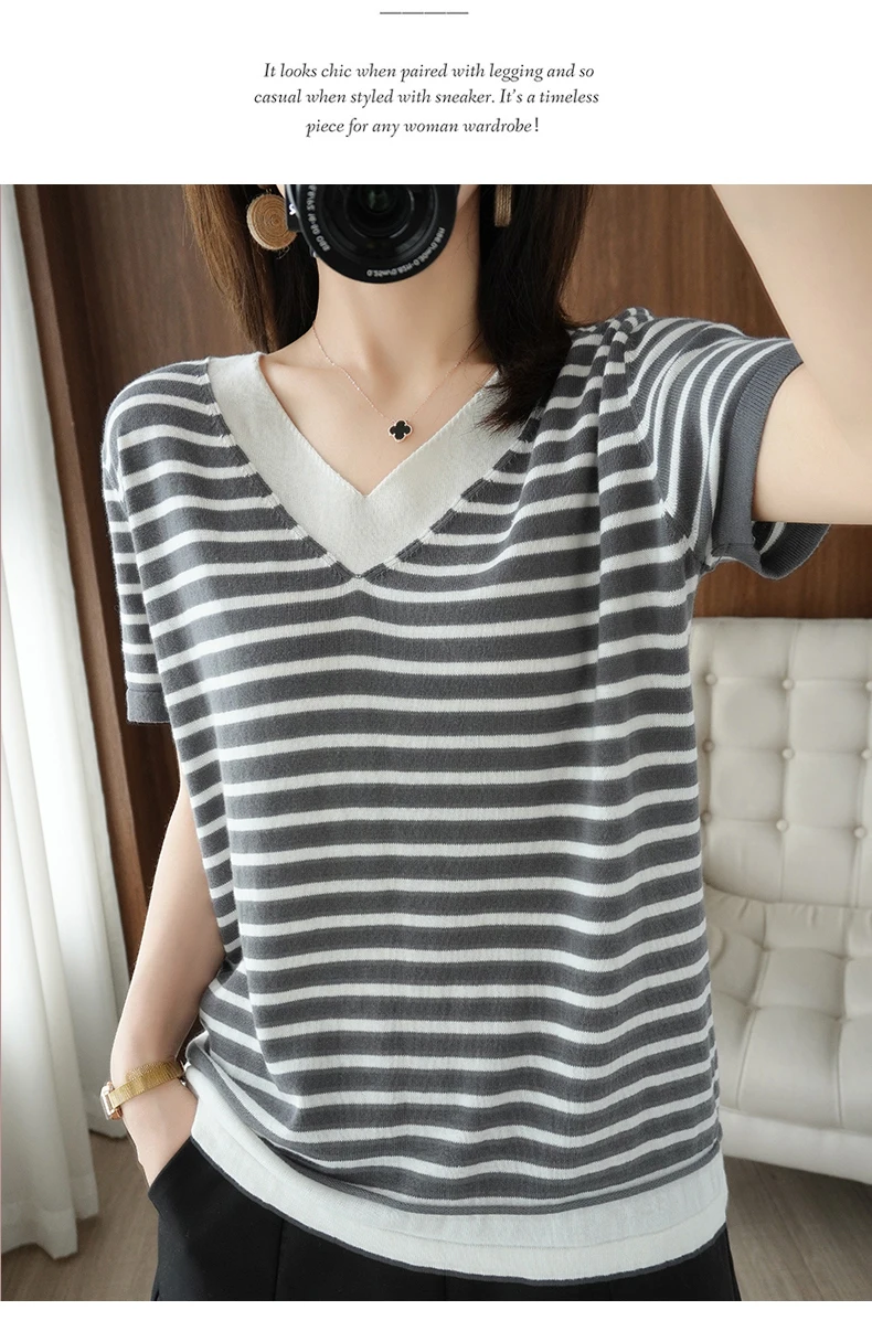 new summer cotton striped short sleeve T shirt women loose versatile T-shirt Korean version half sleeve V collar bottom shirt