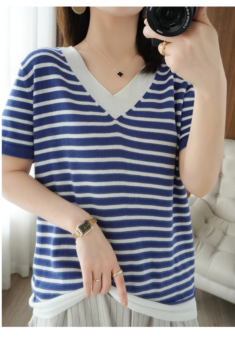 new summer cotton striped short sleeve T shirt women loose versatile T-shirt Korean version half sleeve V collar bottom shirt