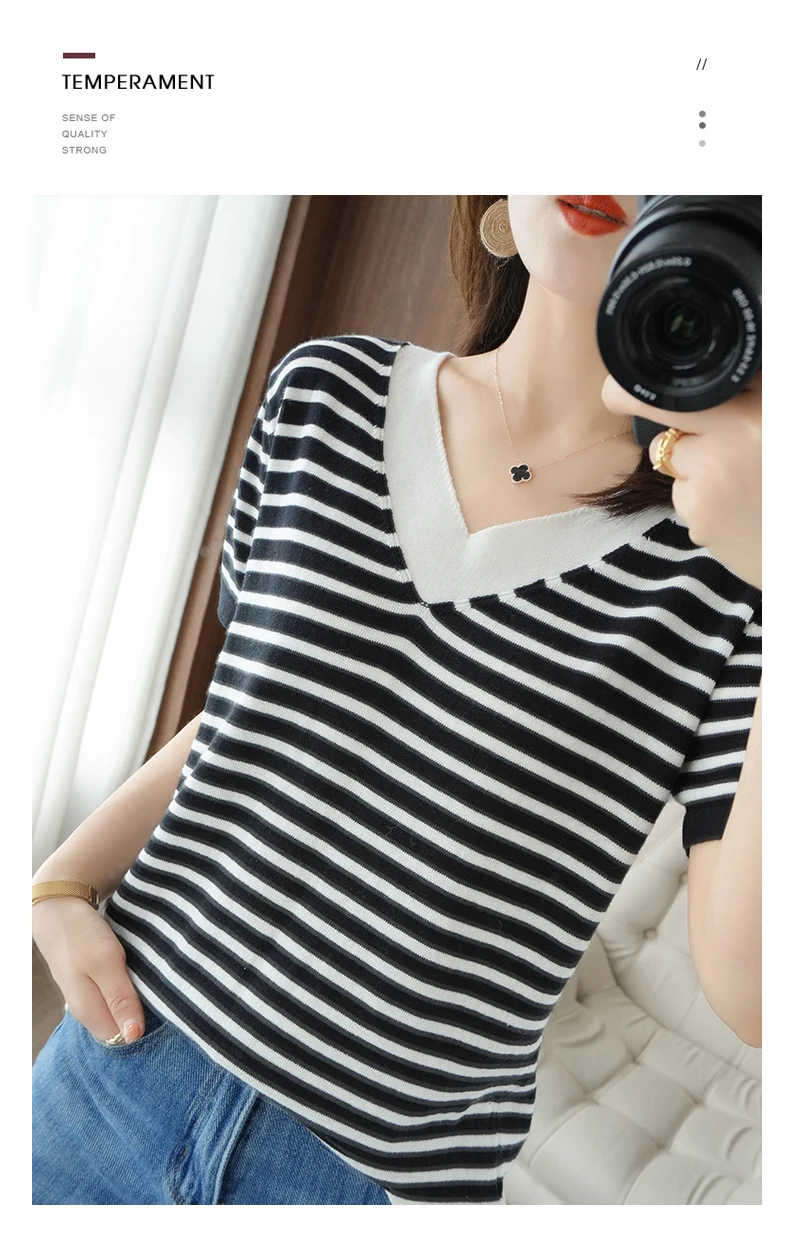 new summer cotton striped short sleeve T shirt women loose versatile T-shirt Korean version half sleeve V collar bottom shirt