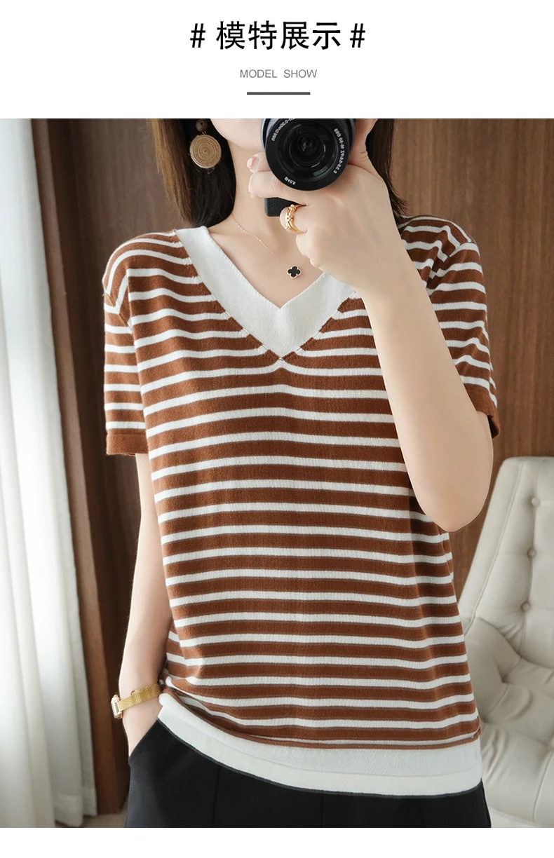 new summer cotton striped short sleeve T shirt women loose versatile T-shirt Korean version half sleeve V collar bottom shirt