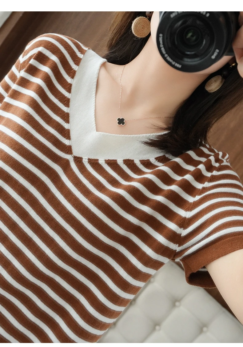 new summer cotton striped short sleeve T shirt women loose versatile T-shirt Korean version half sleeve V collar bottom shirt