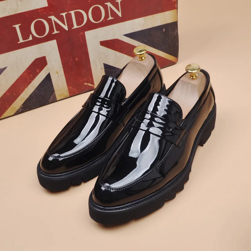 men's fashion wedding party dress patent leather shoes slip-on lazy shoe black trend platform loafers gentleman sneakers zapatos