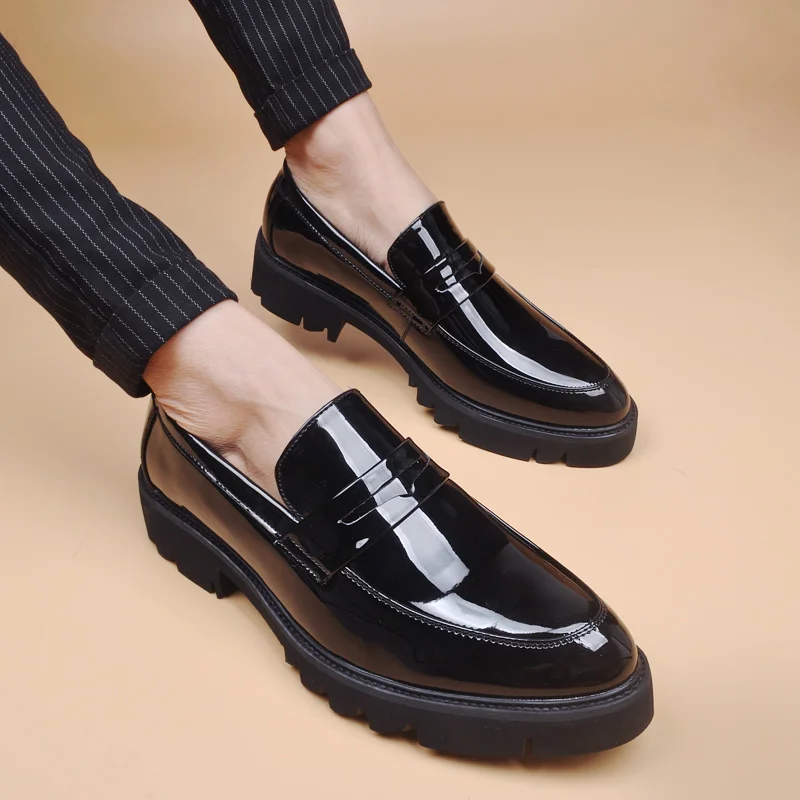 men's fashion wedding party dress patent leather shoes slip-on lazy shoe black trend platform loafers gentleman sneakers zapatos