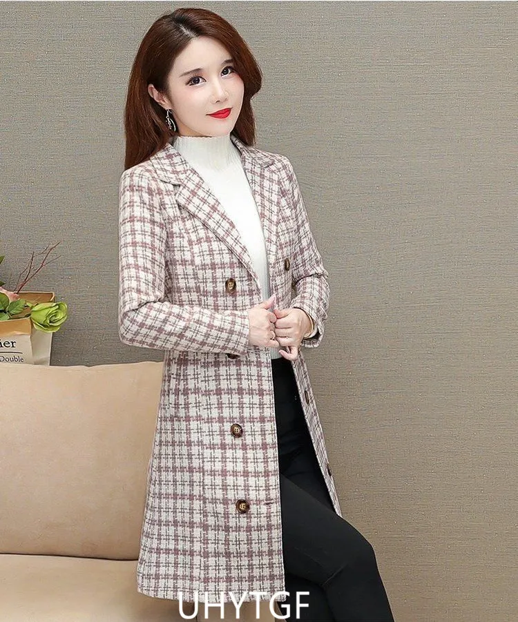 UHYTGF Elegant Winter Coat Womens Quality Casual Autumn Woolen Jacket Female Double Breasted Plaid Outerwear Ladies Abrigos 2143