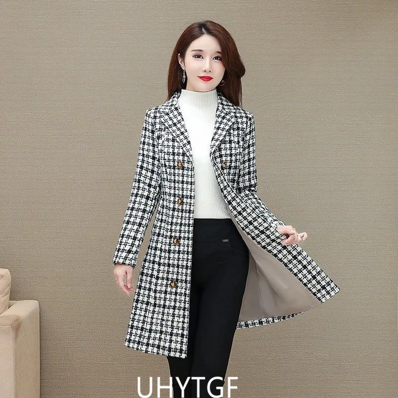 UHYTGF Elegant Winter Coat Womens Quality Casual Autumn Woolen Jacket Female Double Breasted Plaid Outerwear Ladies Abrigos 2143