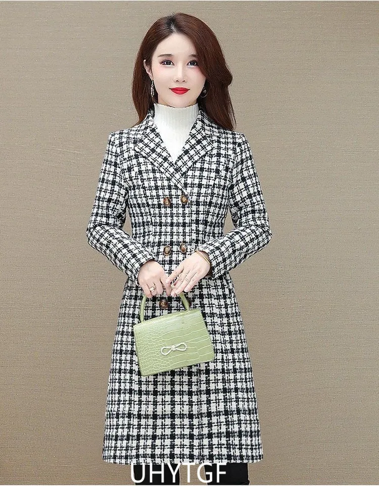 UHYTGF Elegant Winter Coat Womens Quality Casual Autumn Woolen Jacket Female Double Breasted Plaid Outerwear Ladies Abrigos 2143