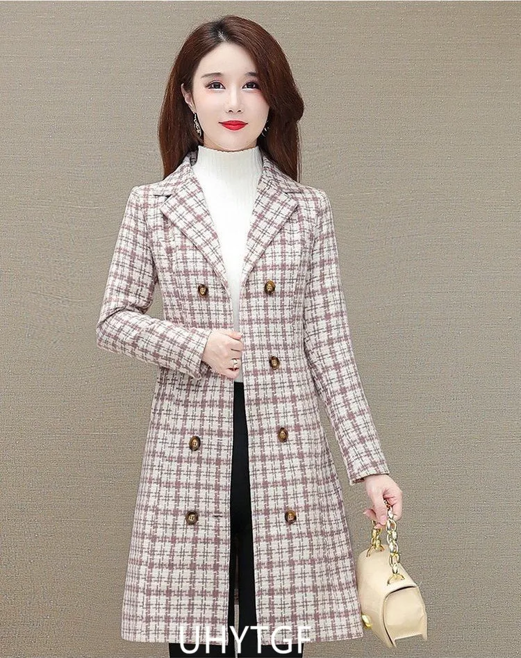 UHYTGF Elegant Winter Coat Womens Quality Casual Autumn Woolen Jacket Female Double Breasted Plaid Outerwear Ladies Abrigos 2143