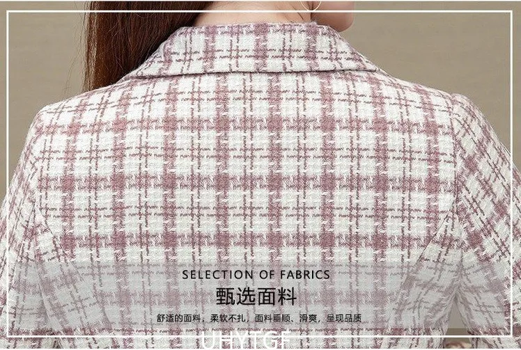 UHYTGF Elegant Winter Coat Womens Quality Casual Autumn Woolen Jacket Female Double Breasted Plaid Outerwear Ladies Abrigos 2143