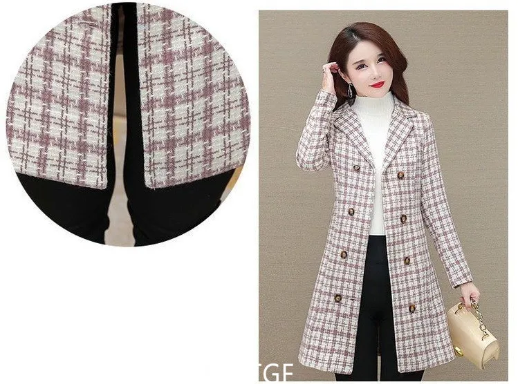 UHYTGF Elegant Winter Coat Womens Quality Casual Autumn Woolen Jacket Female Double Breasted Plaid Outerwear Ladies Abrigos 2143