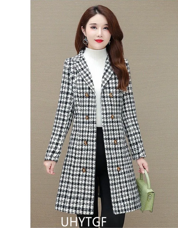 UHYTGF Elegant Winter Coat Womens Quality Casual Autumn Woolen Jacket Female Double Breasted Plaid Outerwear Ladies Abrigos 2143