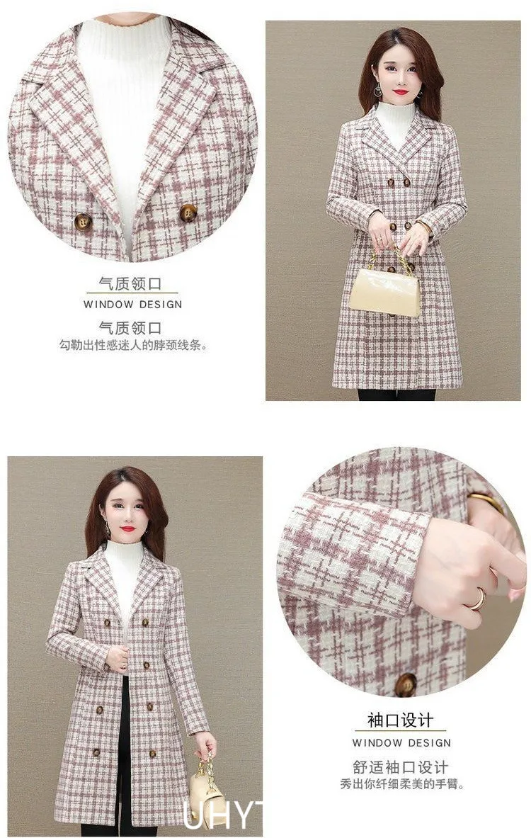 UHYTGF Elegant Winter Coat Womens Quality Casual Autumn Woolen Jacket Female Double Breasted Plaid Outerwear Ladies Abrigos 2143