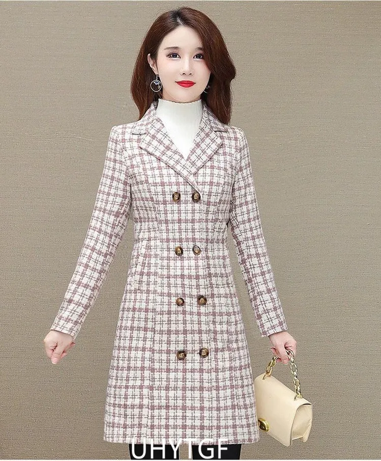 UHYTGF Elegant Winter Coat Womens Quality Casual Autumn Woolen Jacket Female Double Breasted Plaid Outerwear Ladies Abrigos 2143