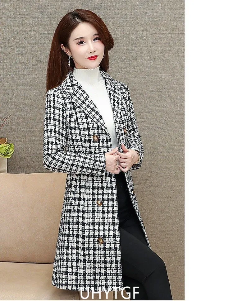 UHYTGF Elegant Winter Coat Womens Quality Casual Autumn Woolen Jacket Female Double Breasted Plaid Outerwear Ladies Abrigos 2143