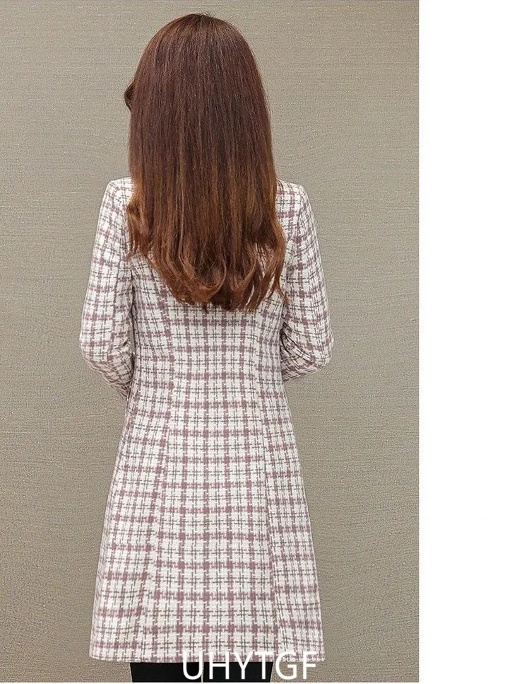 UHYTGF Elegant Winter Coat Womens Quality Casual Autumn Woolen Jacket Female Double Breasted Plaid Outerwear Ladies Abrigos 2143