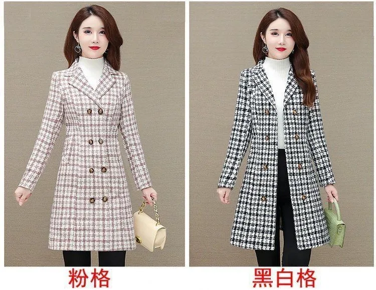 UHYTGF Elegant Winter Coat Womens Quality Casual Autumn Woolen Jacket Female Double Breasted Plaid Outerwear Ladies Abrigos 2143