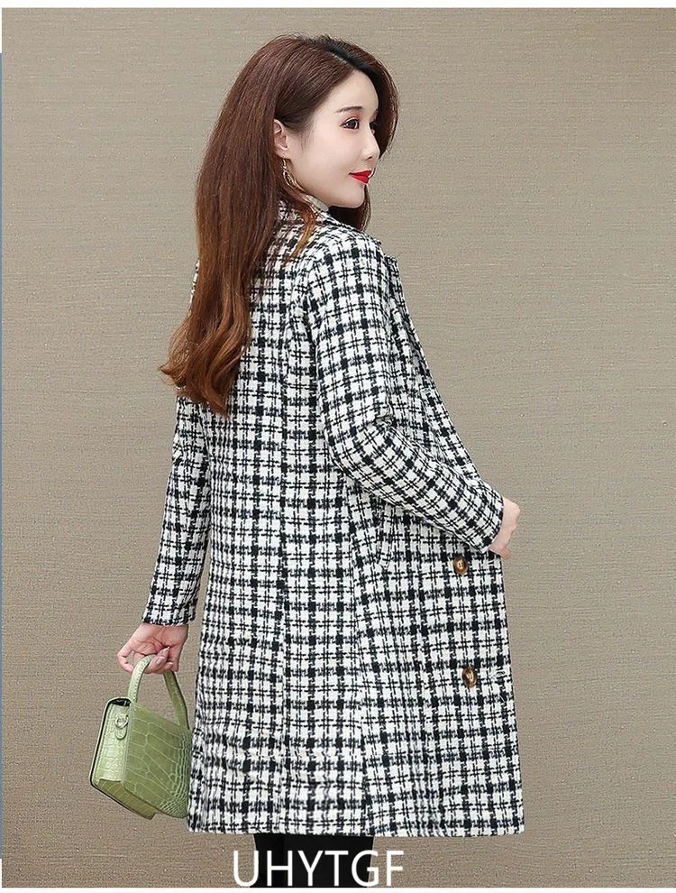 UHYTGF Elegant Winter Coat Womens Quality Casual Autumn Woolen Jacket Female Double Breasted Plaid Outerwear Ladies Abrigos 2143