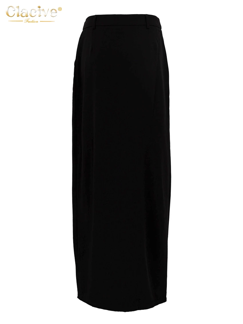 Clacive Fashion Black Office Skirts For Women 2023 Elegant High Waist Slit Long Skirt Faldas Casual Chic Skirt Female Clothing
