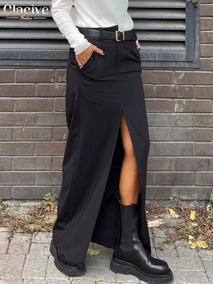 Clacive Fashion Black Office Skirts For Women 2023 Elegant High Waist Slit Long Skirt Faldas Casual Chic Skirt Female Clothing
