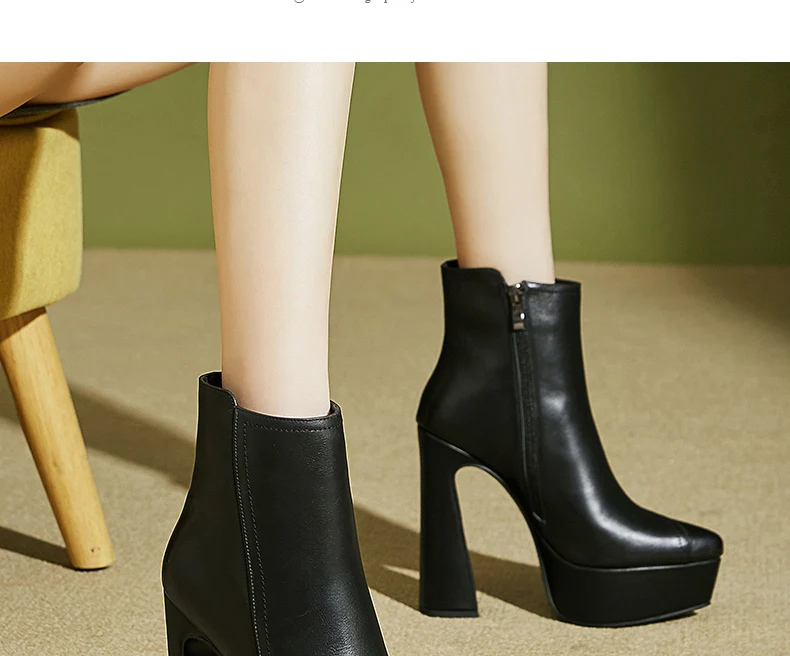 PRXDONG Brand Genuine Leather Women's Ankle Boots Sexy High Heels Thick Platform Black Beige Dress Party Office Lady SHoes 34-40