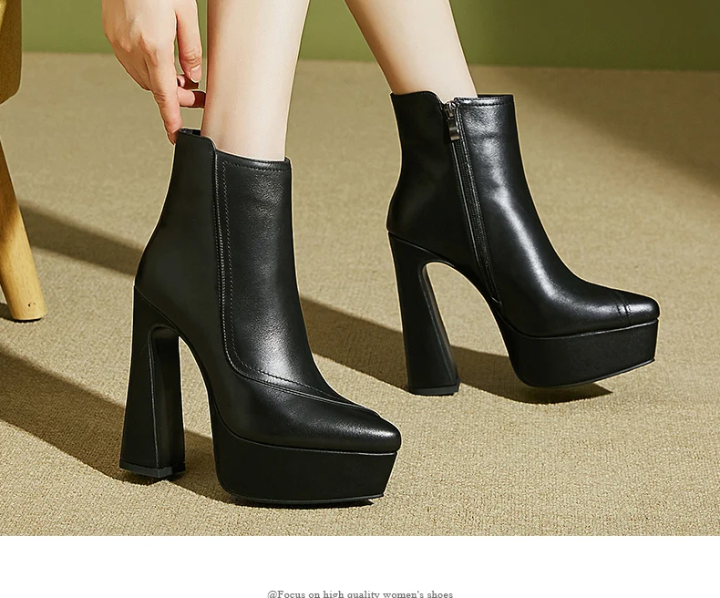PRXDONG Brand Genuine Leather Women's Ankle Boots Sexy High Heels Thick Platform Black Beige Dress Party Office Lady SHoes 34-40