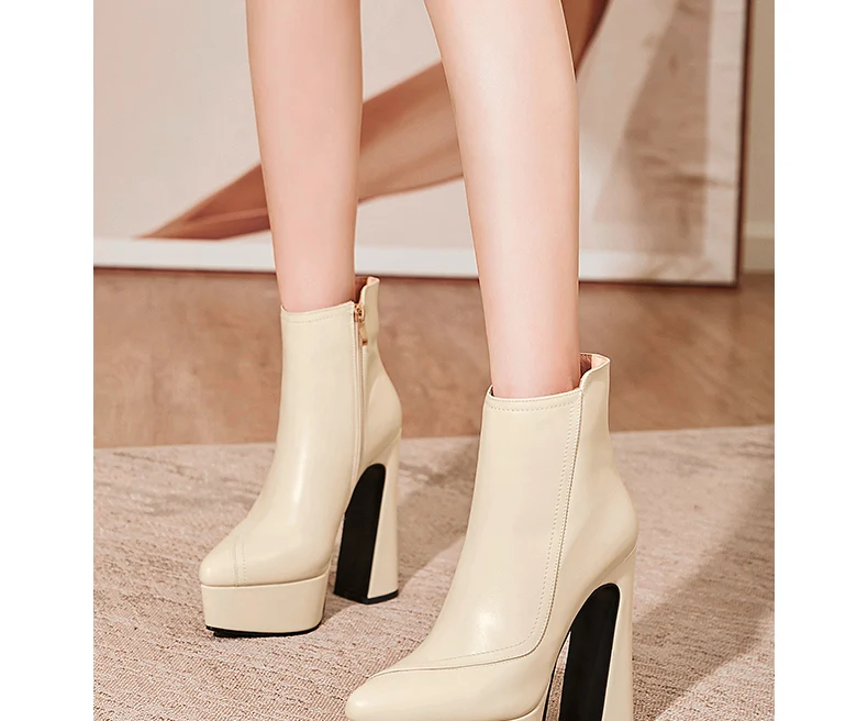 PRXDONG Brand Genuine Leather Women's Ankle Boots Sexy High Heels Thick Platform Black Beige Dress Party Office Lady SHoes 34-40