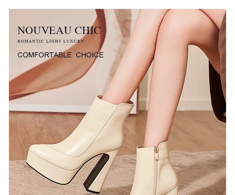 PRXDONG Brand Genuine Leather Women's Ankle Boots Sexy High Heels Thick Platform Black Beige Dress Party Office Lady SHoes 34-40