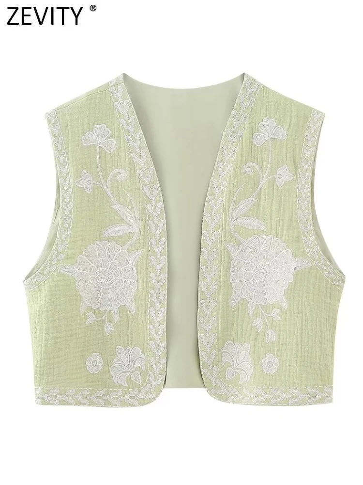 Zevity Women National Sleeveless Position Floral Embroidery Short Vest Jacket Ladies National Style Casual WaistCoat Tops CT4110