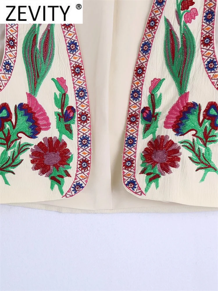 Zevity Women National Sleeveless Position Floral Embroidery Short Vest Jacket Ladies National Style Casual WaistCoat Tops CT4110