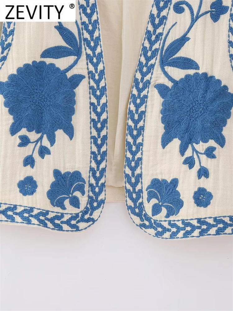 Zevity Women National Sleeveless Position Floral Embroidery Short Vest Jacket Ladies National Style Casual WaistCoat Tops CT4110