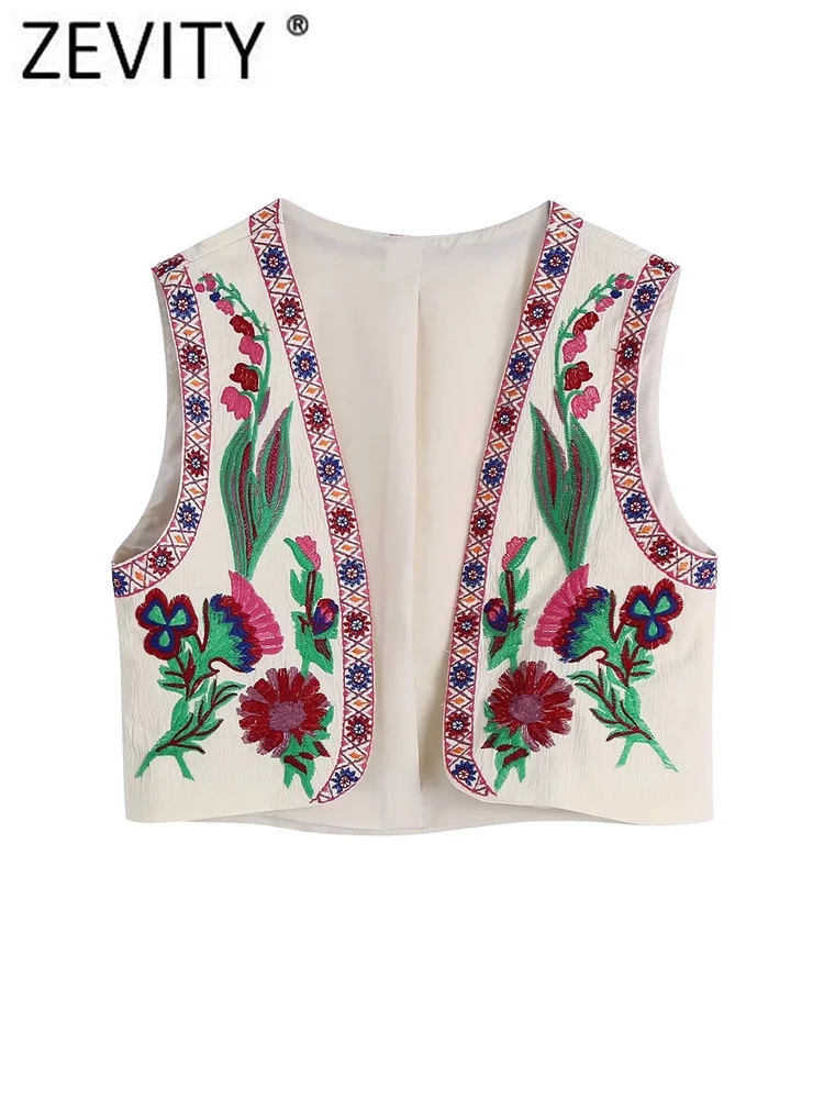 Zevity Women National Sleeveless Position Floral Embroidery Short Vest Jacket Ladies National Style Casual WaistCoat Tops CT4110
