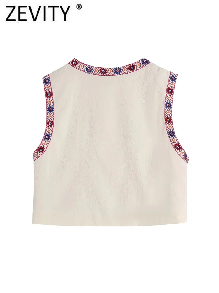 Zevity Women National Sleeveless Position Floral Embroidery Short Vest Jacket Ladies National Style Casual WaistCoat Tops CT4110
