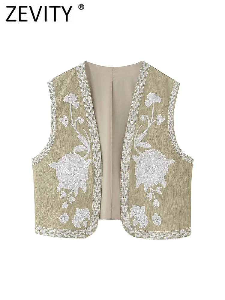 Zevity Women National Sleeveless Position Floral Embroidery Short Vest Jacket Ladies National Style Casual WaistCoat Tops CT4110