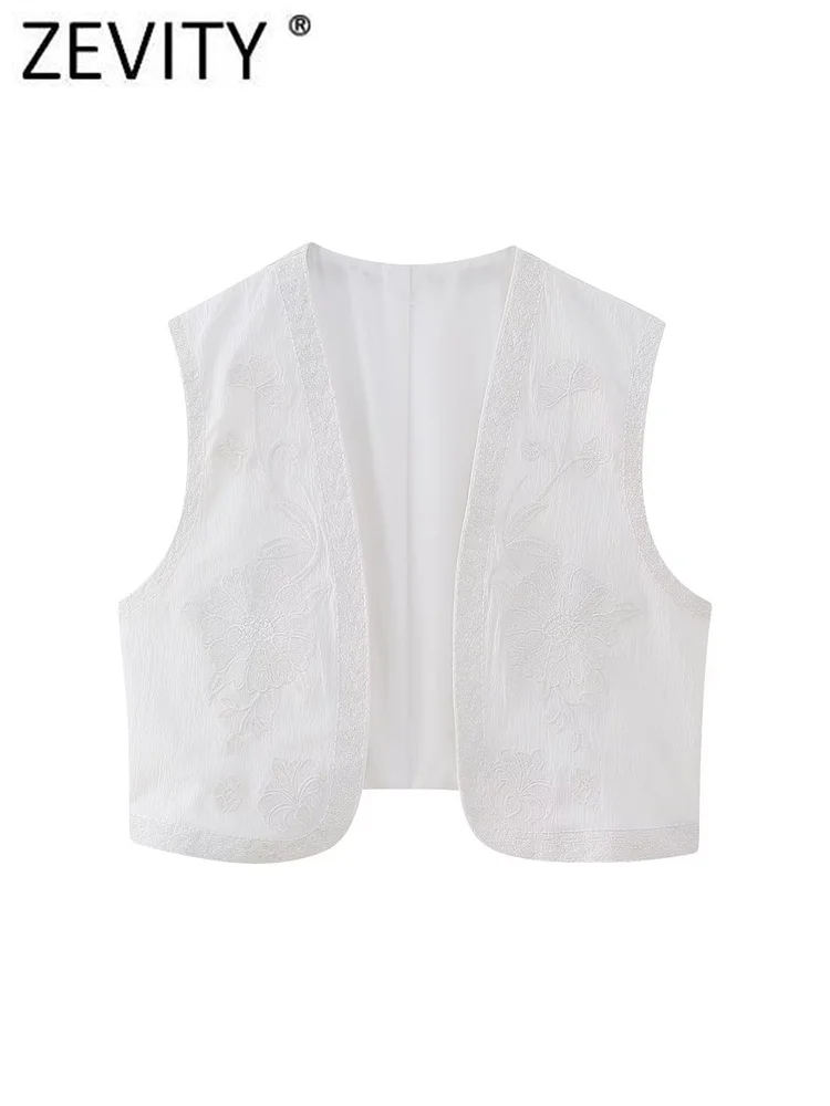 Zevity Women National Sleeveless Position Floral Embroidery Short Vest Jacket Ladies National Style Casual WaistCoat Tops CT4110
