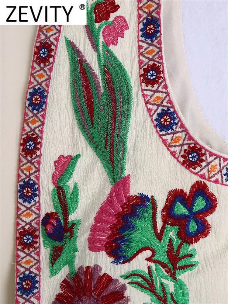 Zevity Women National Sleeveless Position Floral Embroidery Short Vest Jacket Ladies National Style Casual WaistCoat Tops CT4110
