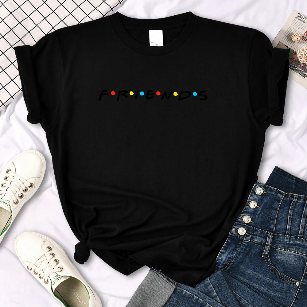 Creative Friends Letter Print T-Shirt Womens Casual Tees Japan Harajukua Style Loose Round Neck Clothing Girl Slim Funny Tshirt