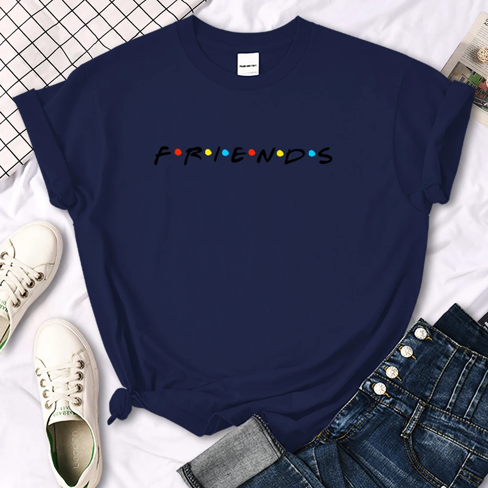 Creative Friends Letter Print T-Shirt Womens Casual Tees Japan Harajukua Style Loose Round Neck Clothing Girl Slim Funny Tshirt