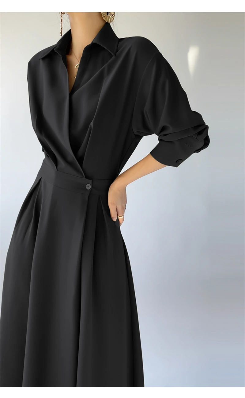 LMQ NEW French Design Temperament Lapel Neck Luxury High-End Dress Women Elegant fashion Commuter Long Skirt OL Vestidos Robe