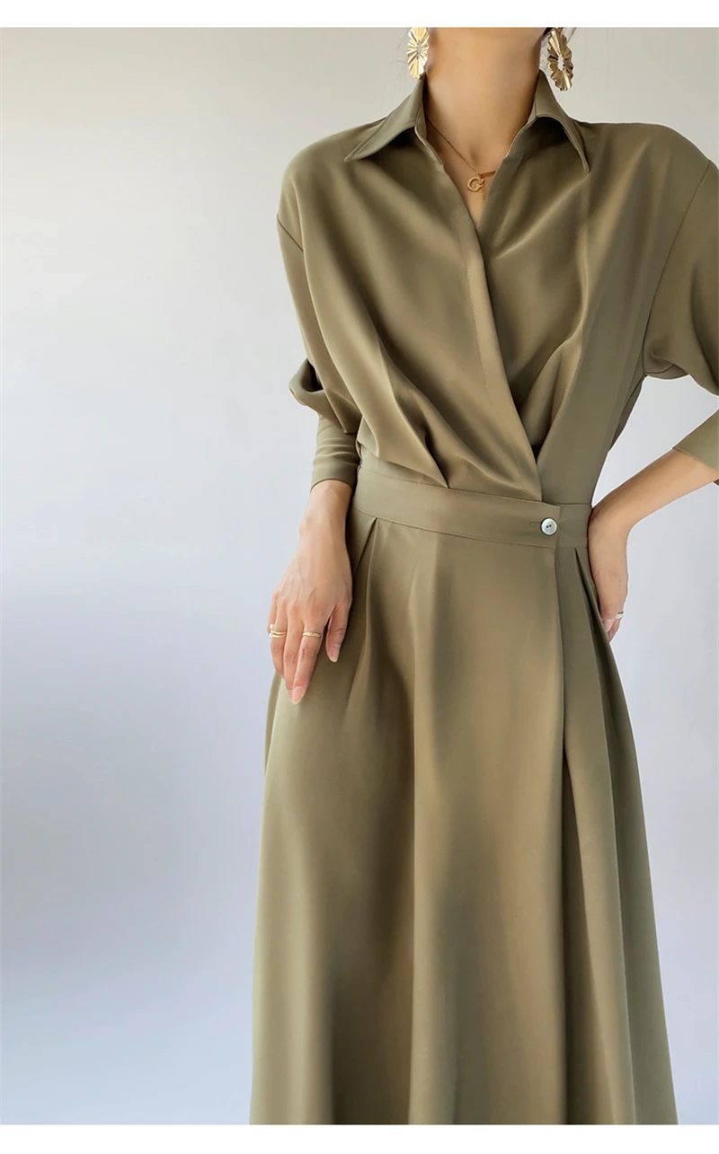 LMQ NEW French Design Temperament Lapel Neck Luxury High-End Dress Women Elegant fashion Commuter Long Skirt OL Vestidos Robe
